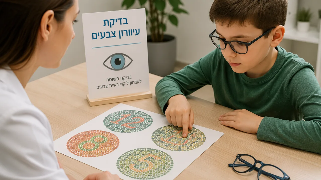 ילד מבצע בדיקת עיוורון צבעים באמצעות לוחות צבעים ייעודיים אצל אשת מקצוע בתחום הראייה